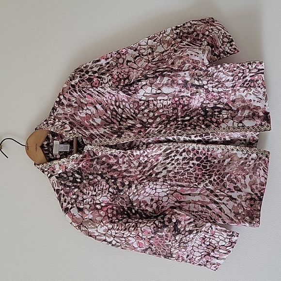 Chico's Pink Brown Sequin Beaded Trim Linen Blend Open Front Jacket Size Small S - Picture 1 of 7